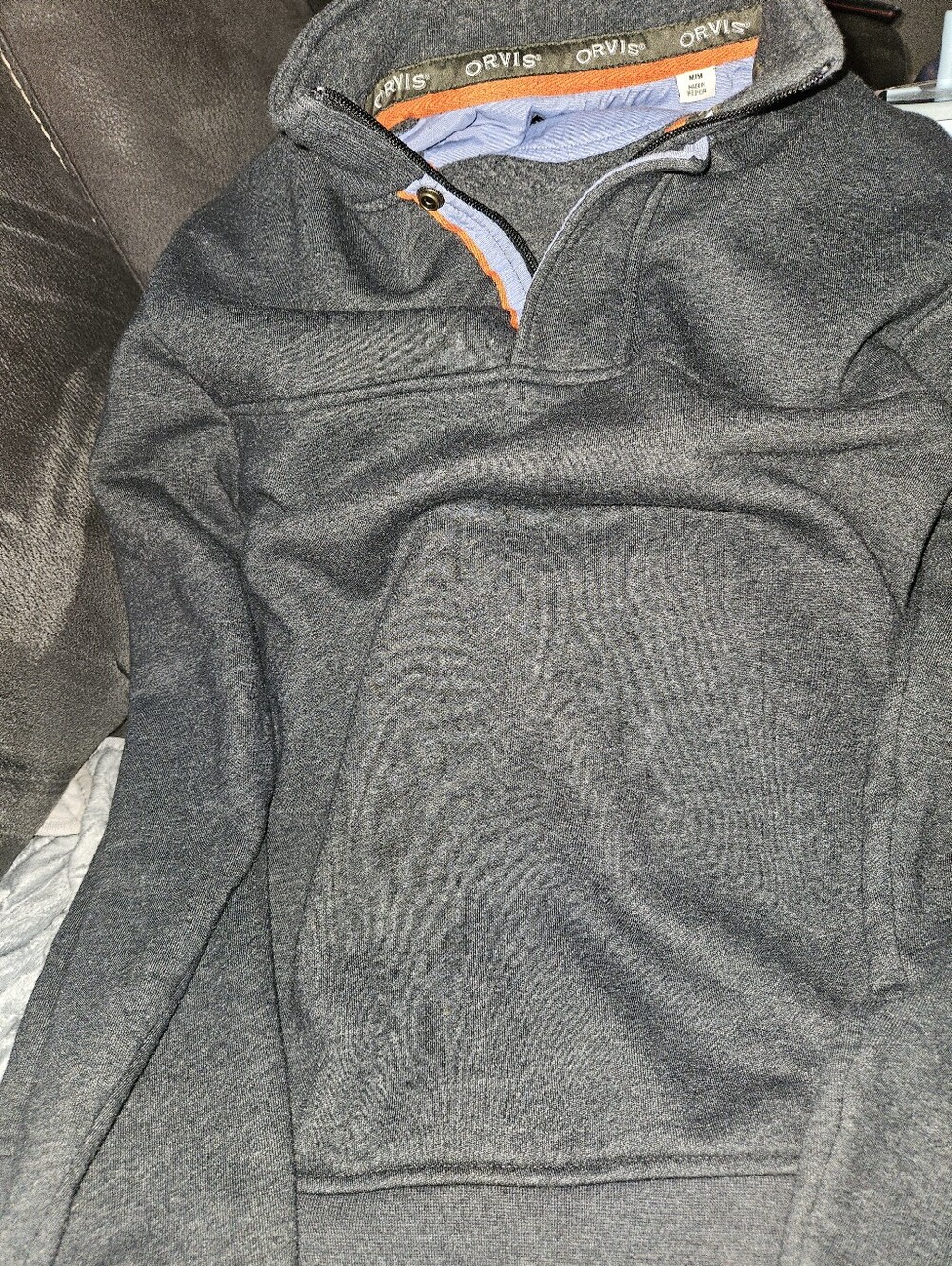Orvis Men's Signature Quarter Zip Snap Sweatshirt Charcoal Gray Orange Trim Si M
